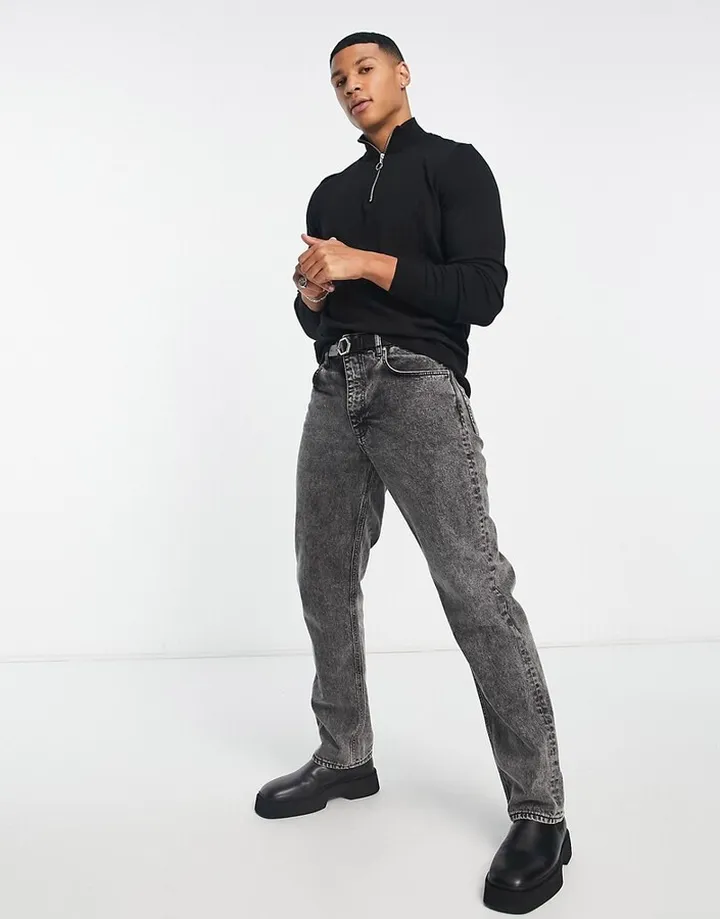 New Look slim fit zip funnel neck knit sweater in black