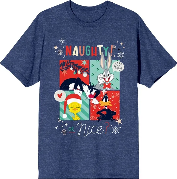 Looney Tunes Characters Naughty or Nice Women’s Navy Heather Graphic Tee-3XL