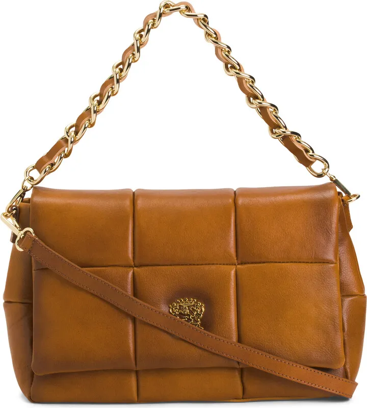 Leather Quilted Flap Over Handbag With Chain Strap