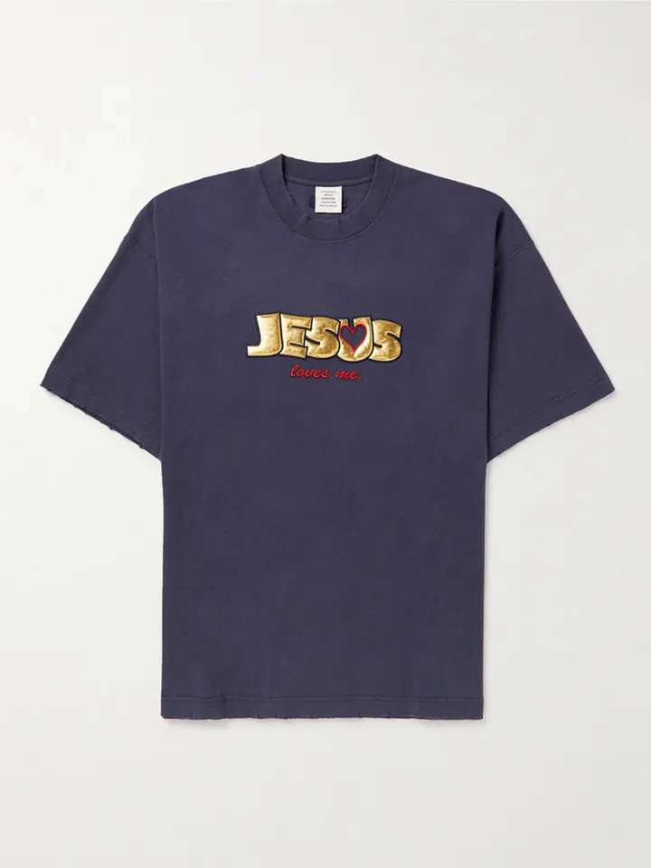 Oversized Distressed Appliquéd Cotton-Jersey T-Shirt