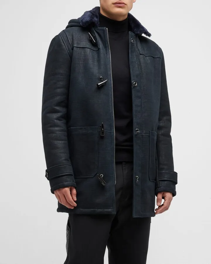 Mens Check Hooded Lamb Shearling Parka Jacket