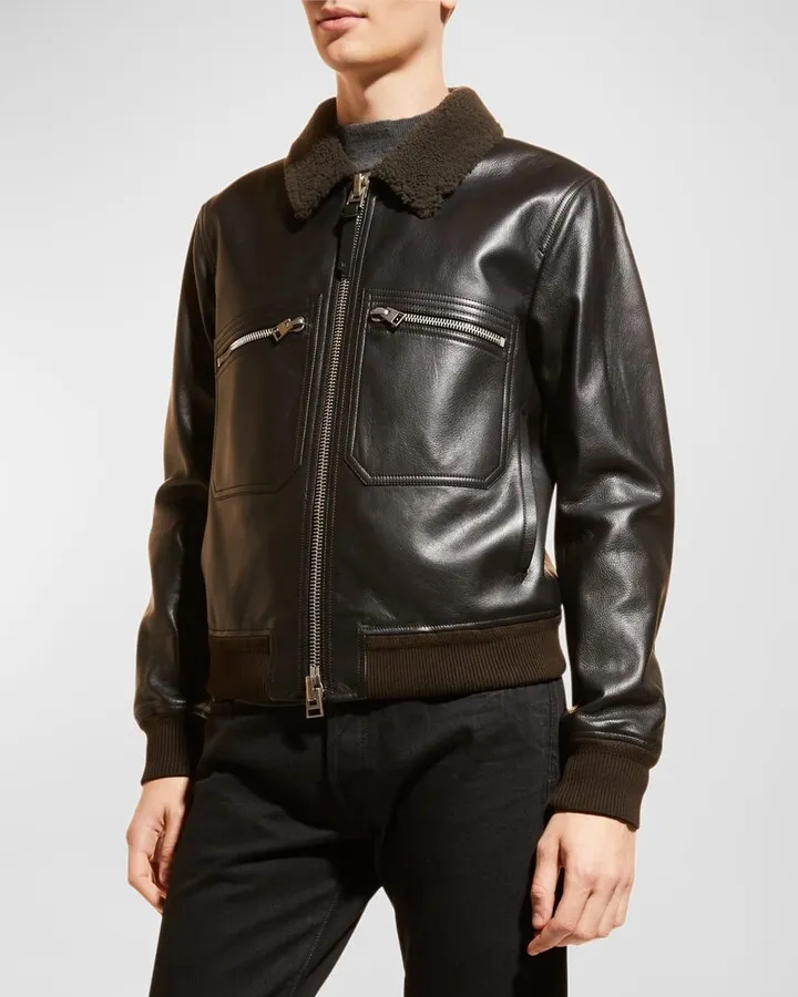 Men's Shearling Collar Leather Bomber Jacket