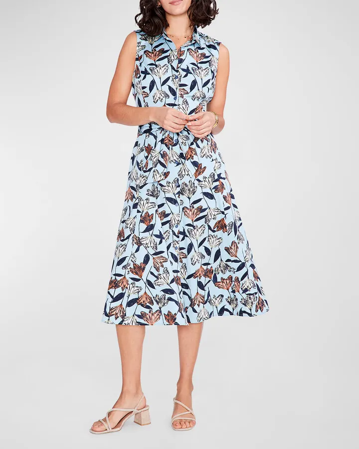 Sky Blooms Sleeveless Floral-Print Shirtdress