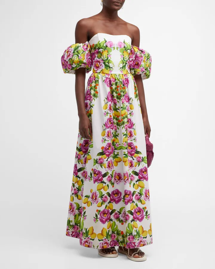 Juliet Off-Shoulder Floral Cotton Boned Maxi Dress