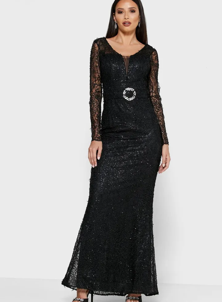 Embllished Lace Belted Maxi Dress