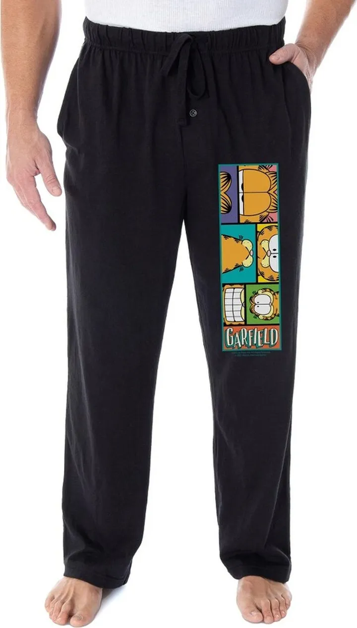 Garfield Pajama Pants Men's Adult Cartoon Cat Grid Sleep Lounge Pants (LG) Black