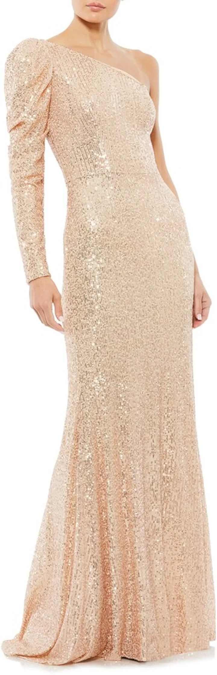 One-Shoulder Long Sleeve Sequin Trumpet Gown
