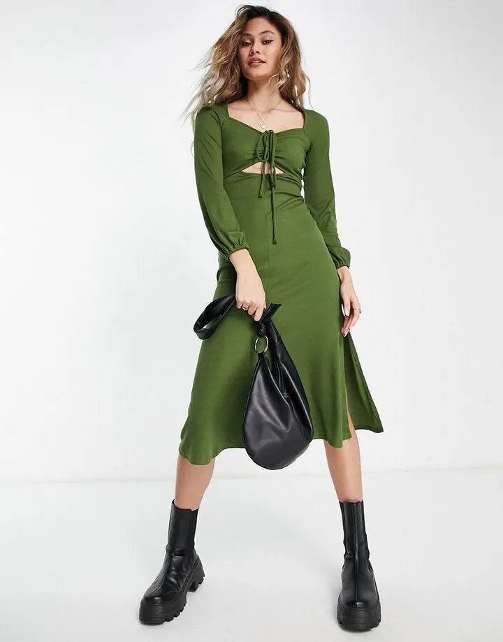 Topshop premium rib jersey ruched front midi dress in khaki