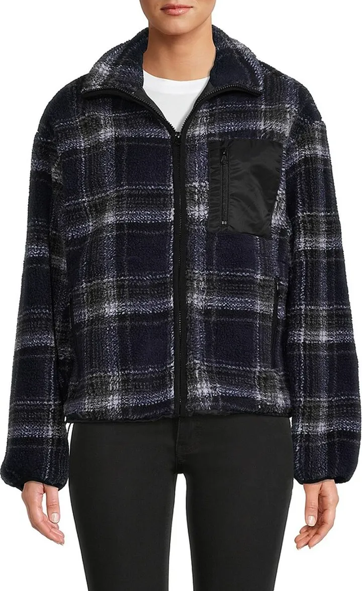 Faux Shearling Plaid Teddy Jacket