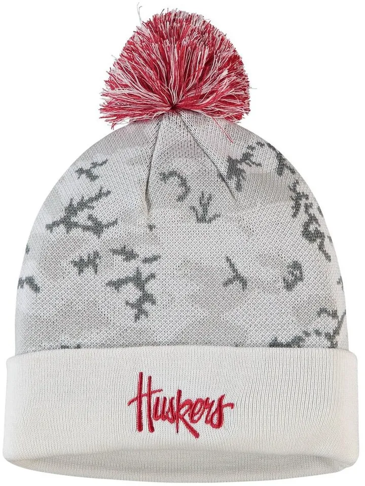 Men's White and Scarlet Nebraska Huskers Cuffed Knit Hat with Pom