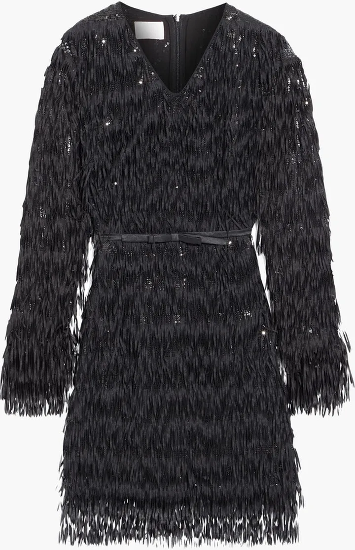 Belted fringed sequined tulle mini dress