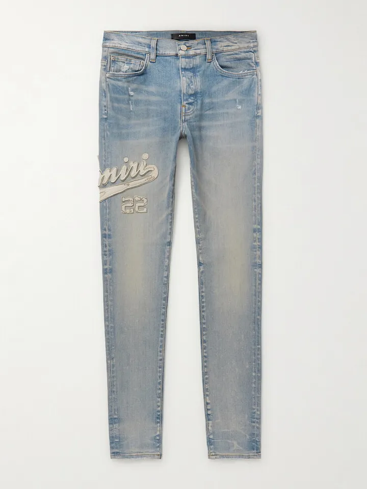Varsity Skinny-Fit Leather-Appliquéd Jeans