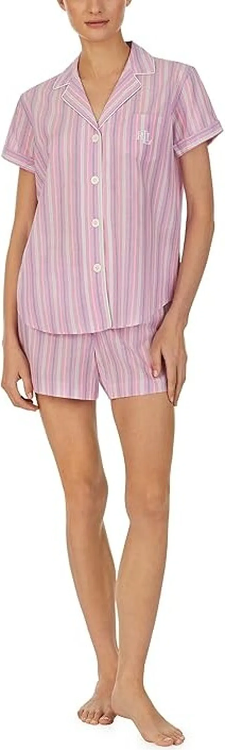 LAUREN Ralph Lauren Short Sleeve Boxer PJ Set (Pink Stripe) Women's Pajama Sets