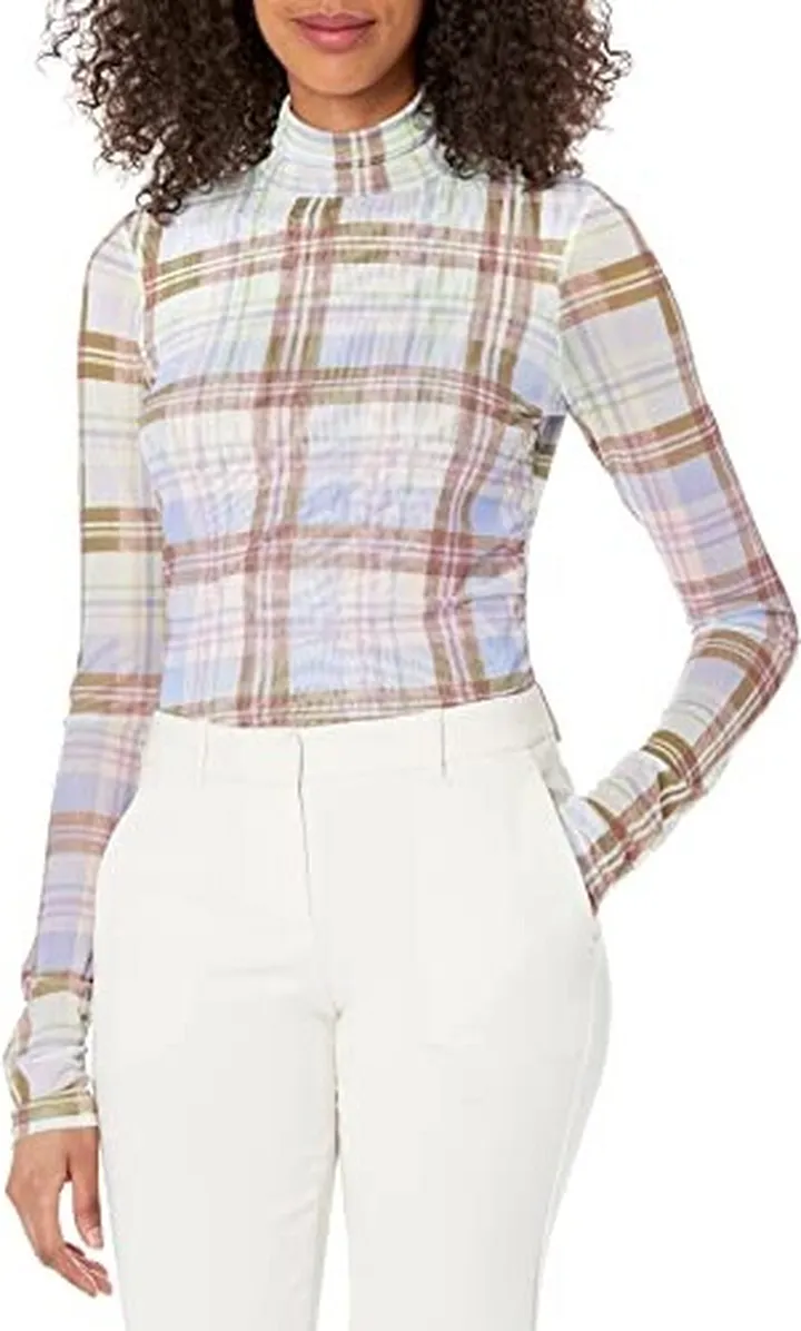 Cinq a Sept Womens Shirred Plaid Turtleneck Blouse