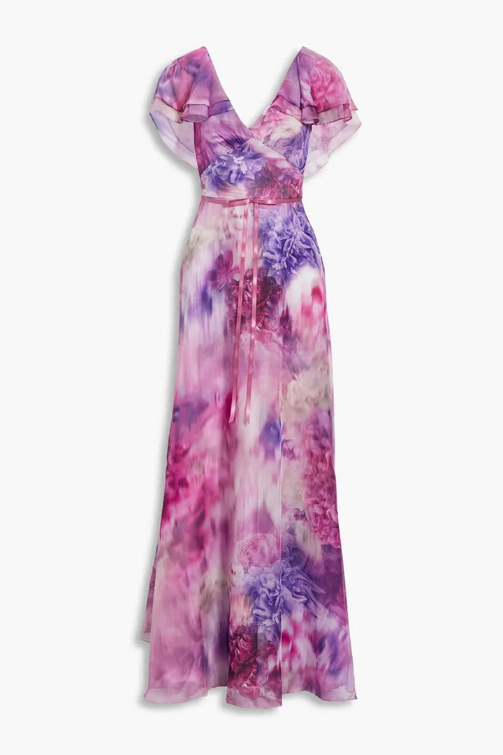Cape-effect bow-embellished floral-print chiffon gown