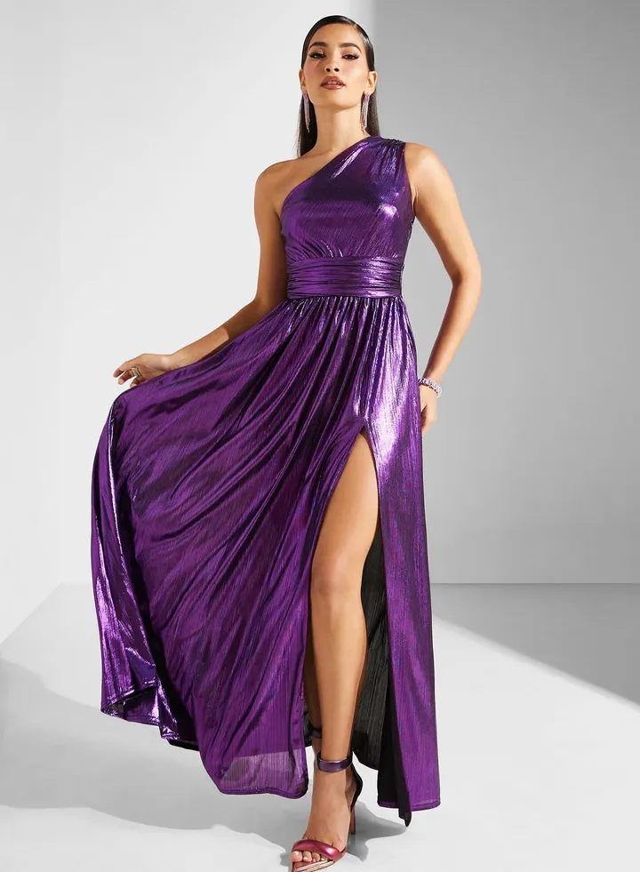 One Shoulder Satin Side Slit Dress