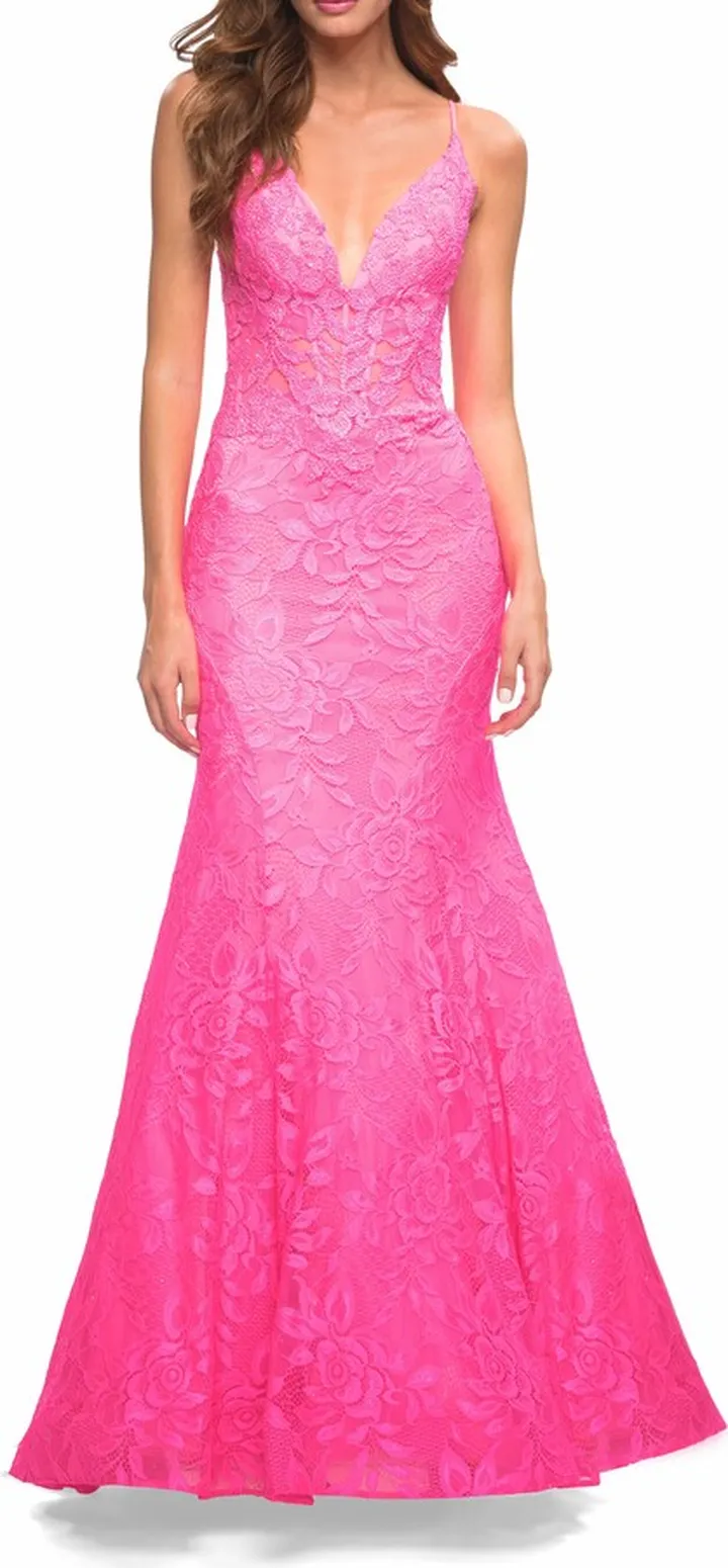 Sheer Jeweled Bodice Mermaid Lace Dress