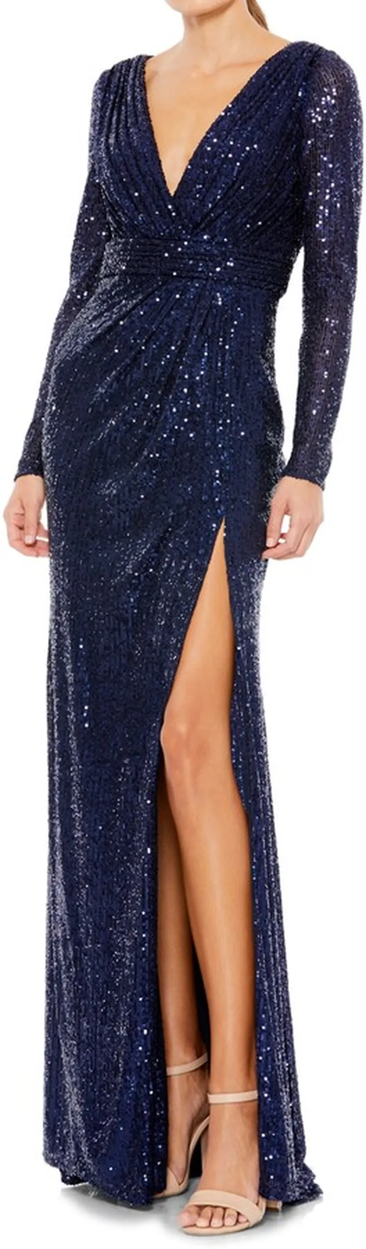 Sequin Long Sleeve Faux Wrap Gown