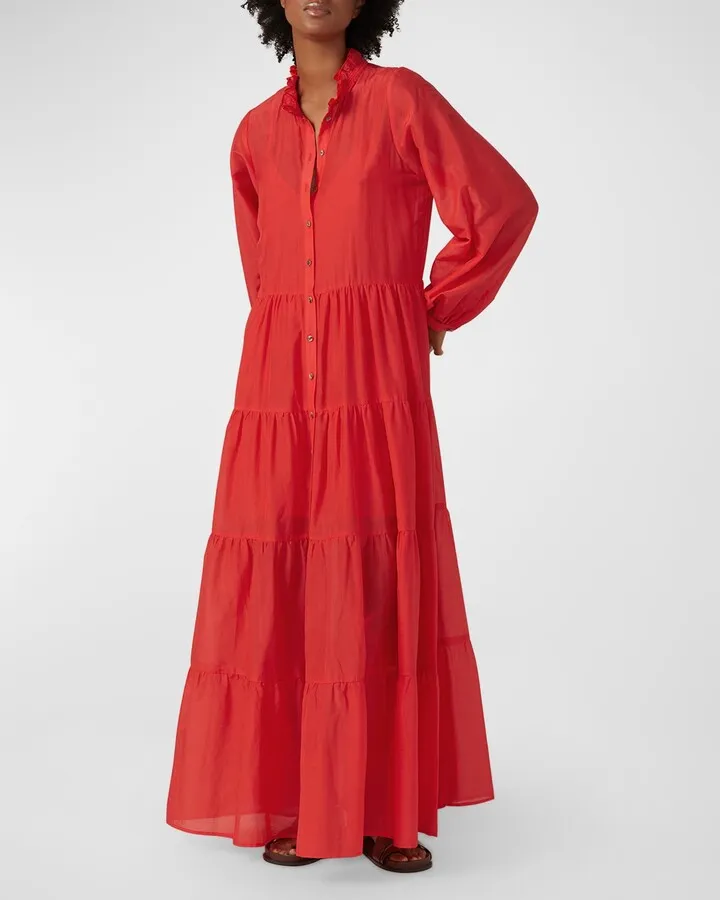 James Cotton Silk Tiered Maxi Shirtdress