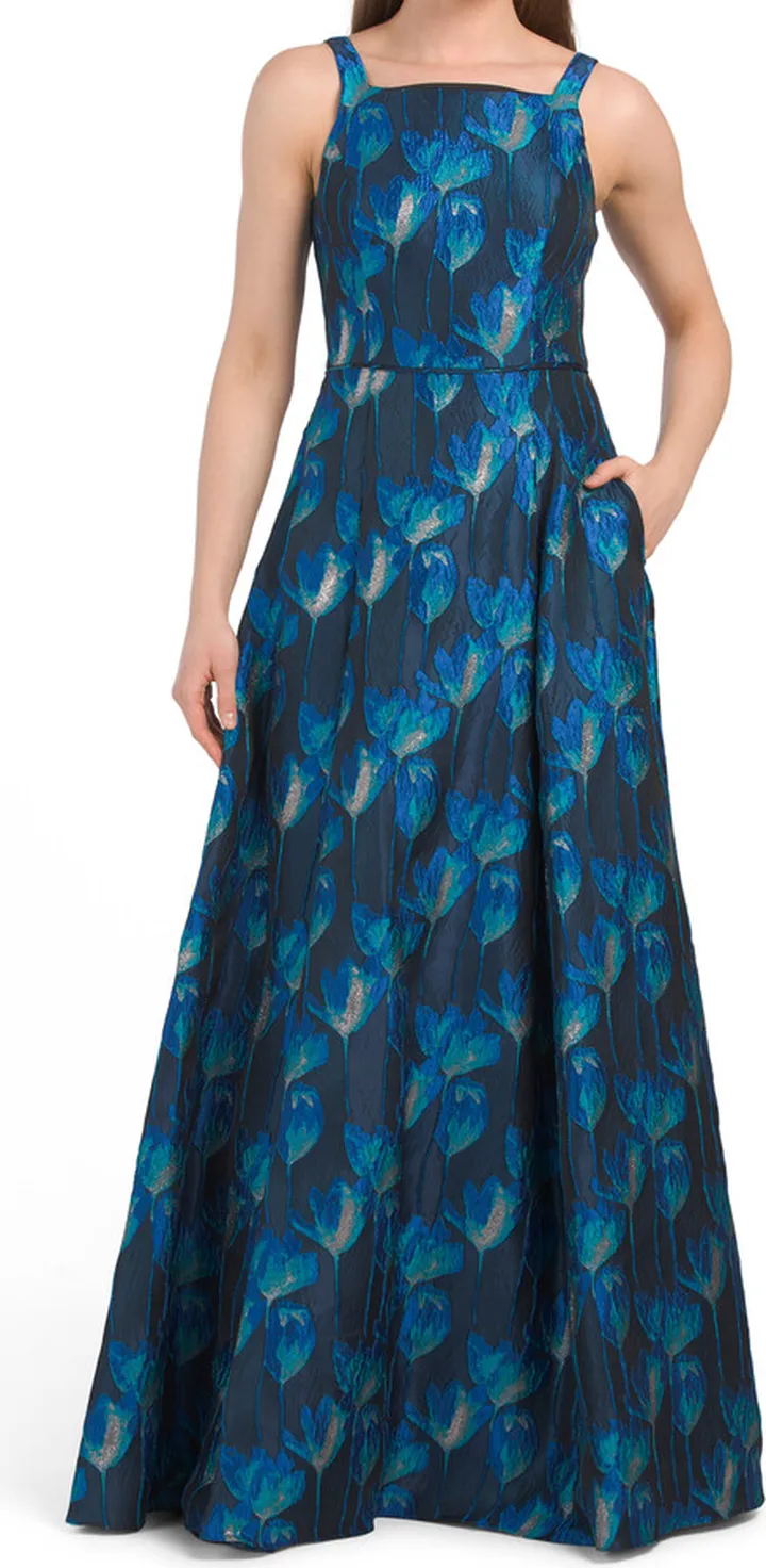 Square Neck Floral Jacquard Gown With Full Skirt