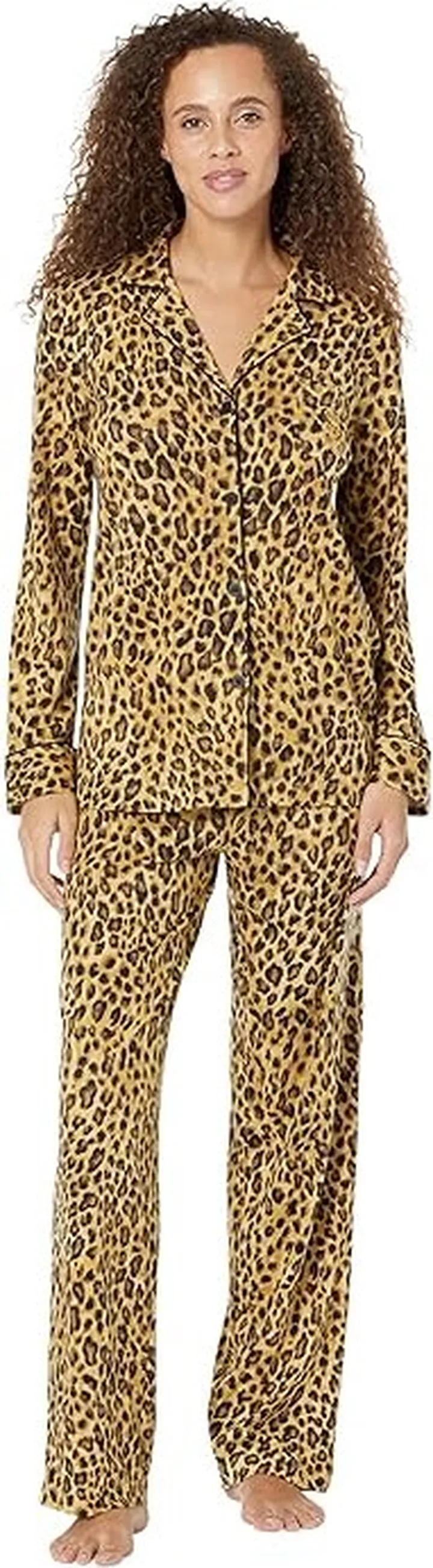 LAUREN Ralph Lauren Knit Long Sleeve Notch Collar Long PJ Set (Leopard) Women's Pajama Sets