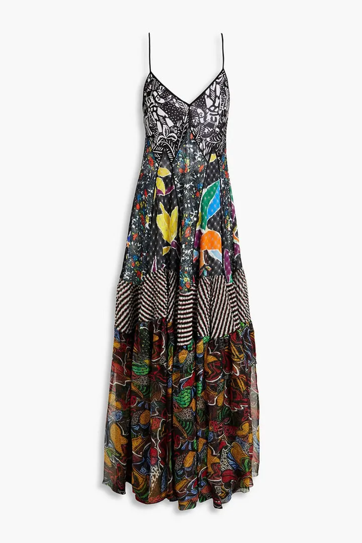 Gathered printed chiffon and crochet-knit maxi dress
