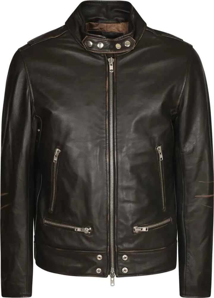 Vintage Effect Leather Zip Jacket
