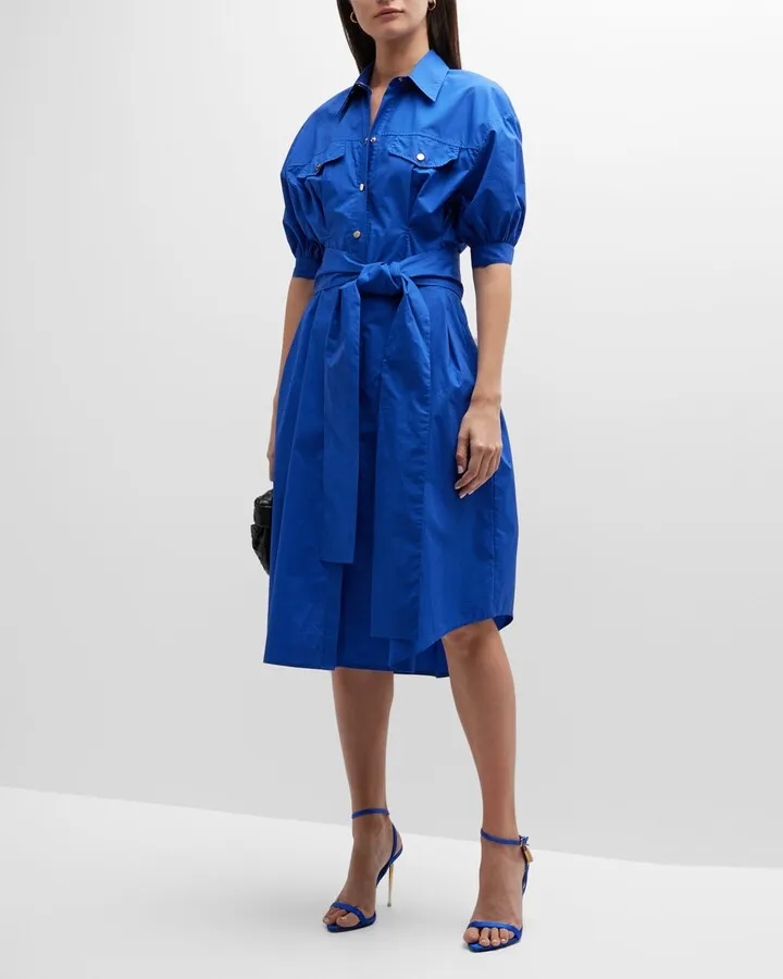 Cotton Poplin Tie-Belt Midi Shirtdress