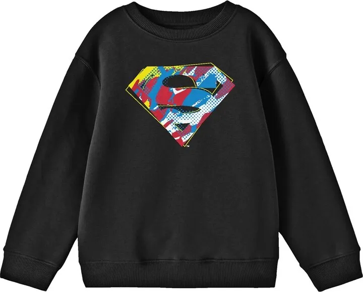 Superman Paint Splatter Logo Crew Neck Long Sleeve Boy’s Black Sweatshirt-Medium