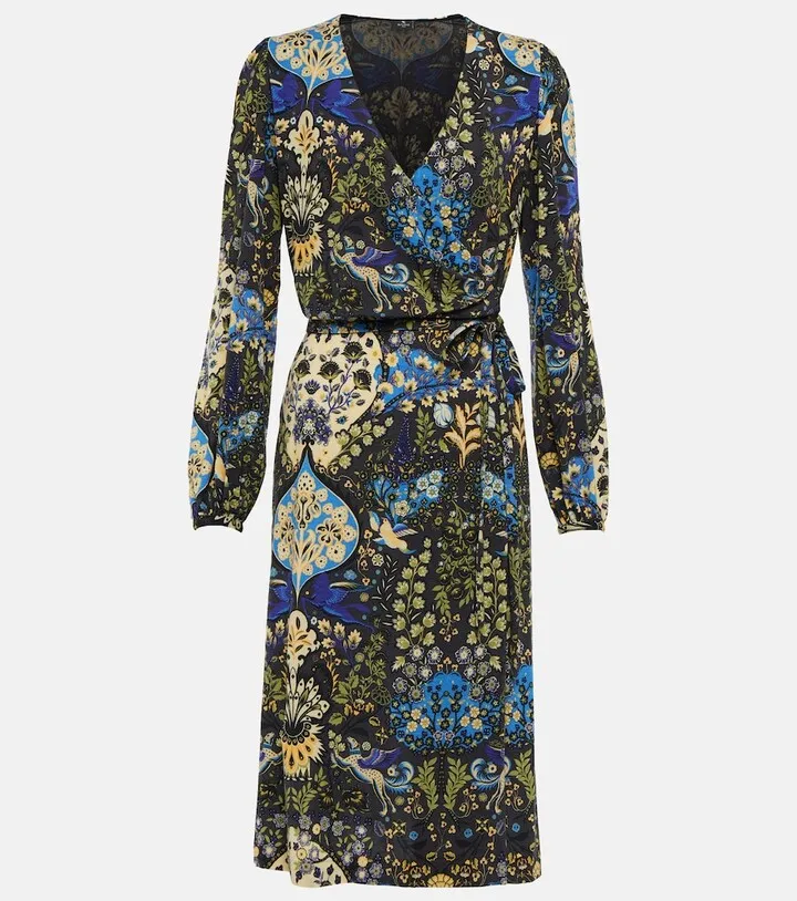 Printed wrap wool-blend midi dress