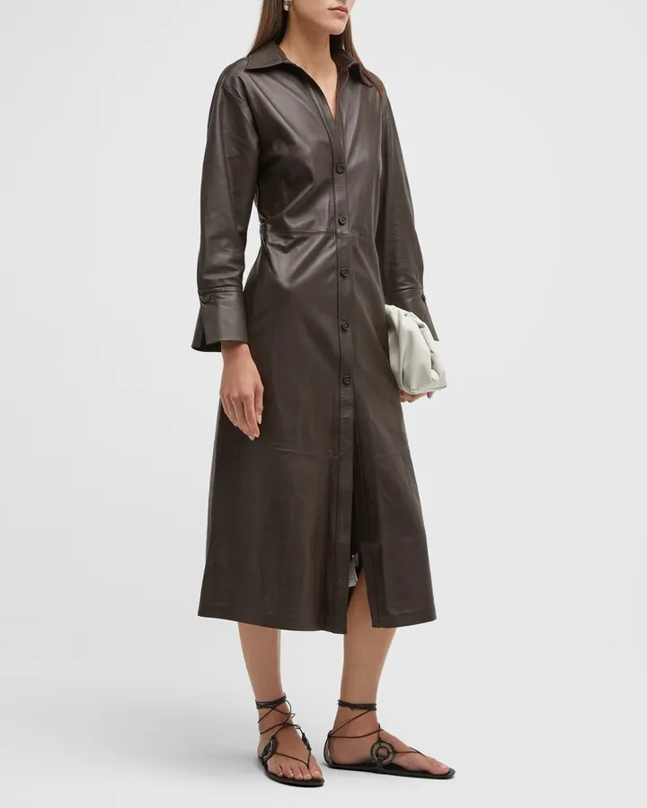 Button-Front Leather Midi Shirtdress