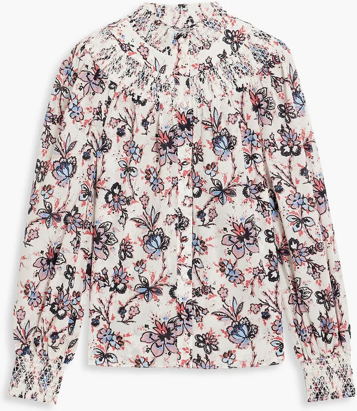 Smocked floral-print cotton-poplin blouse