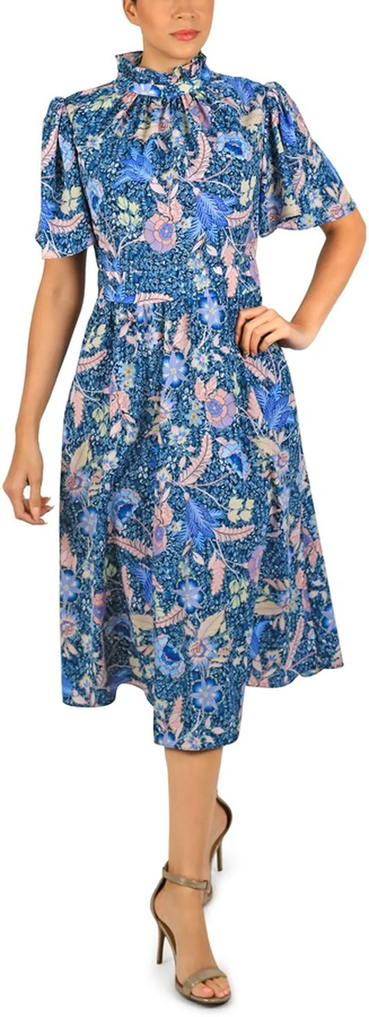 Mock Neck Flutter Sleeve Midi Dress