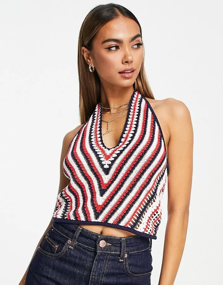 & Other Stories cotton crochet halter neck top in stripe