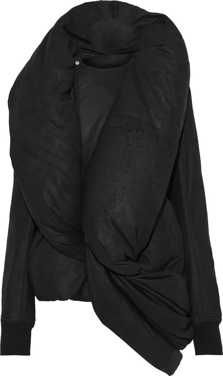 Root draped distressed nubuck hooded down jacket
