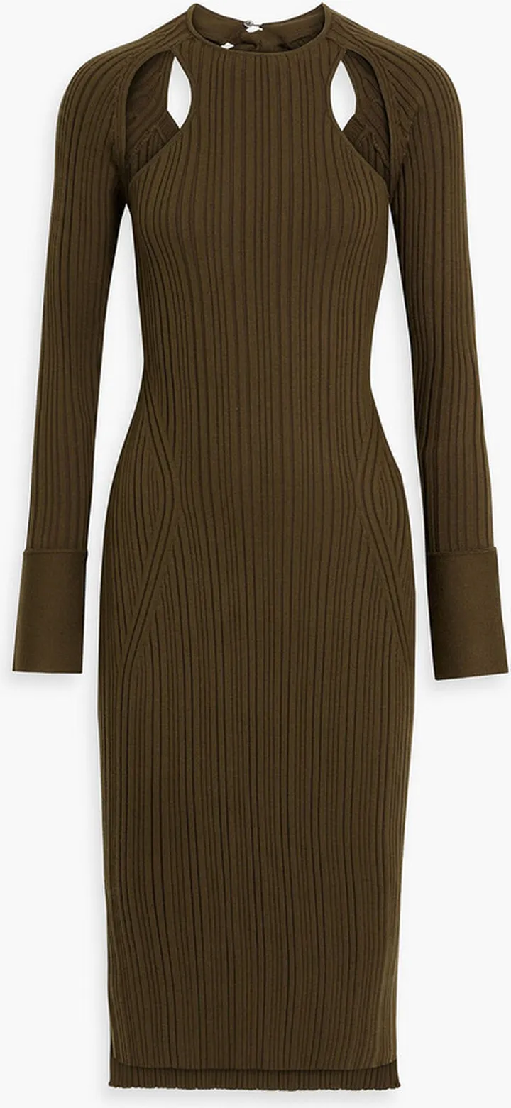 Cutout ribbed-knit wool-blend midi dress
