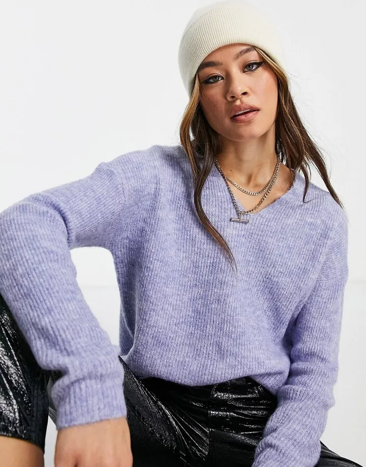 Only V neck oversized sweater in blue heather