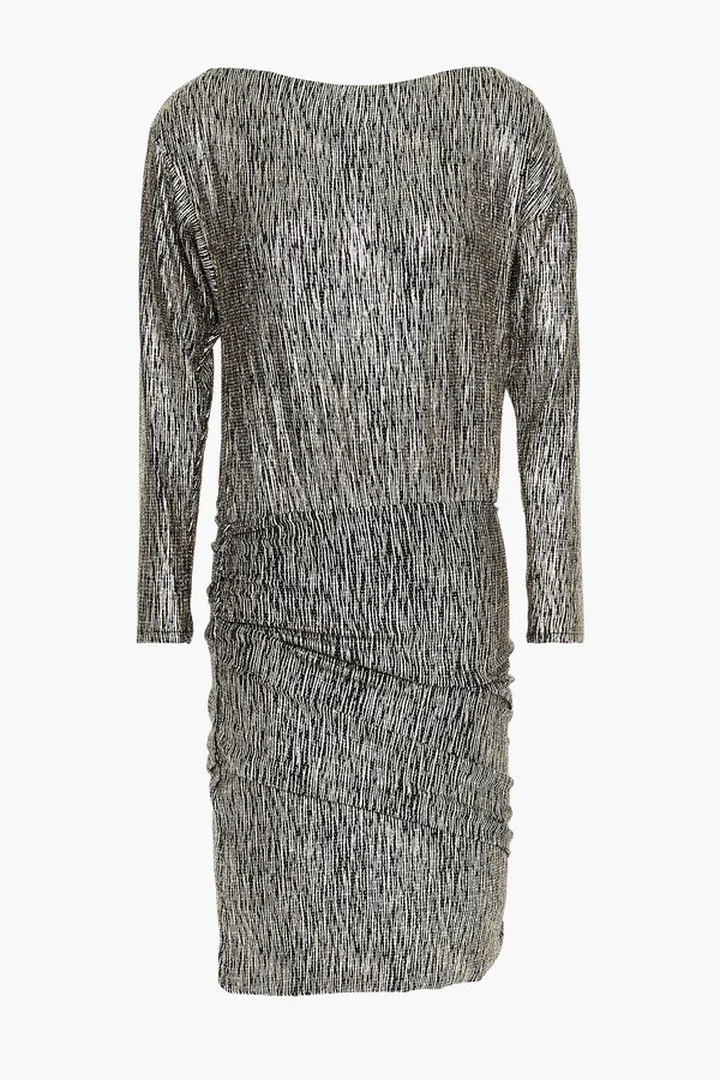 Ruched metallic stretch-knit mini dress