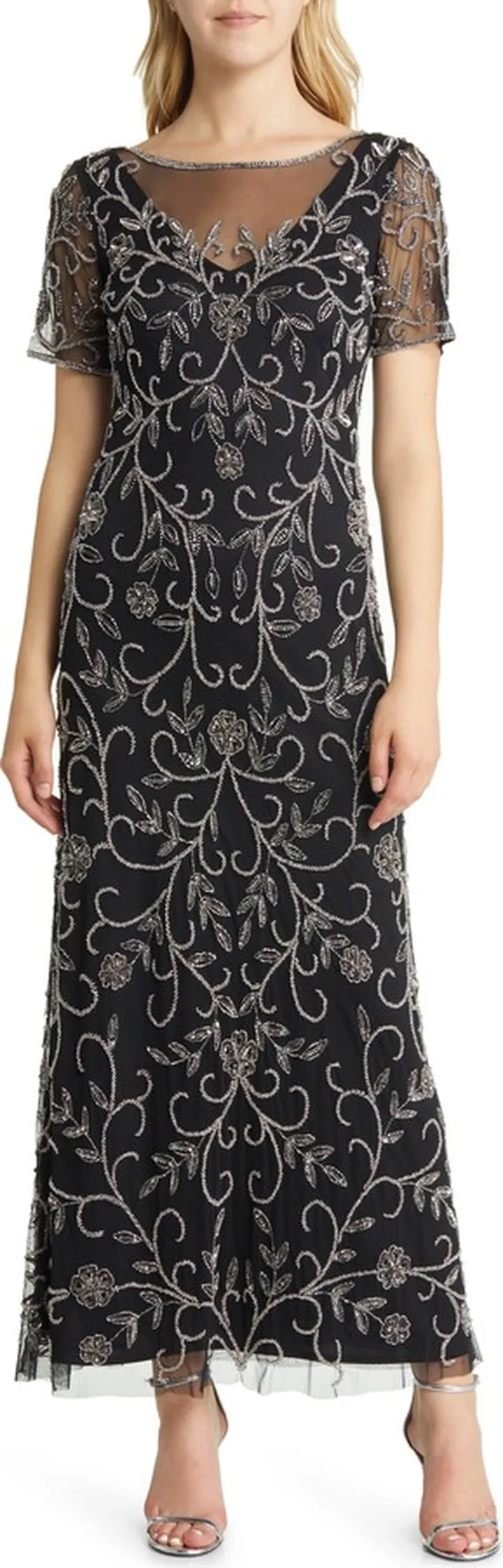 Floral Beaded Short Sleeve A-Line Gown