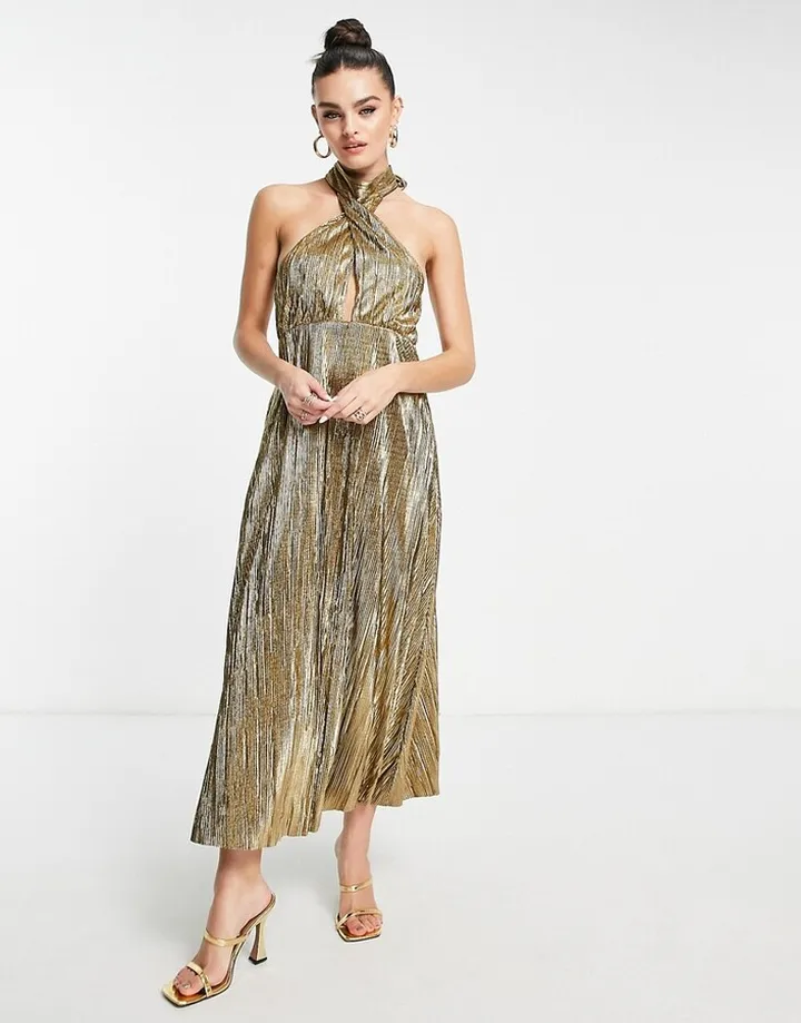 Topshop gold plisse cut out halter midi dress