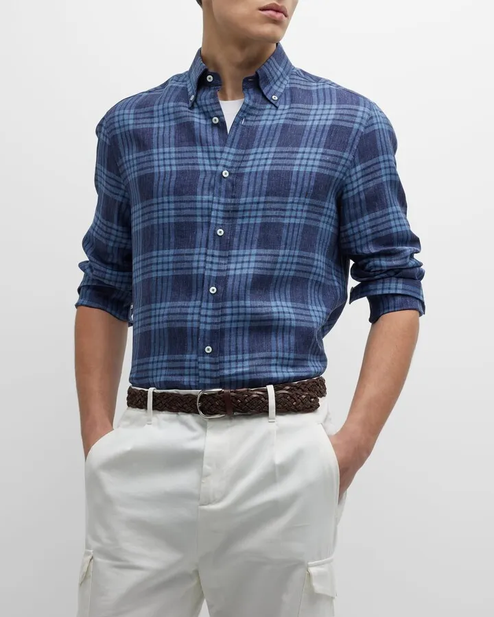 Men's Plaid-Print Linen Sport Shirt