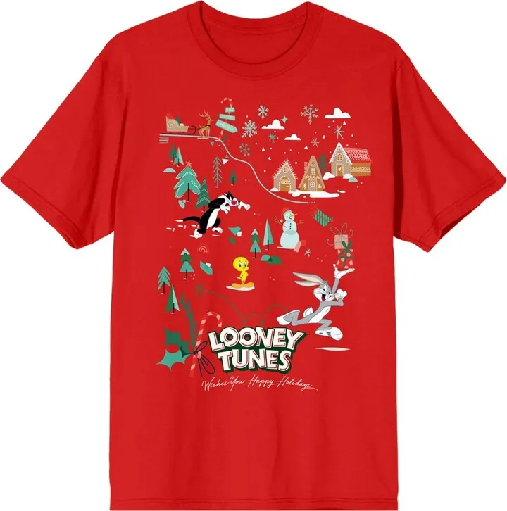 Looney Tunes Winter Land Scene Women’s Red Graphic Tee-3XL