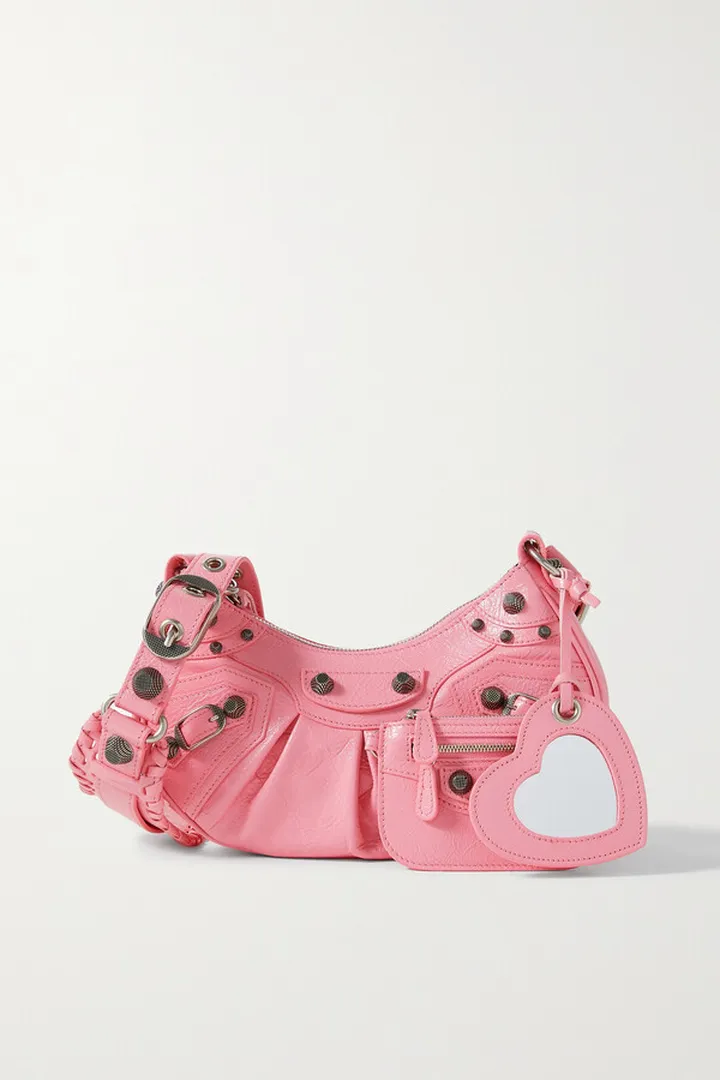 Balenciaga - Cagole Xs Studded Crinkled-leather Shoulder Bag - Pink