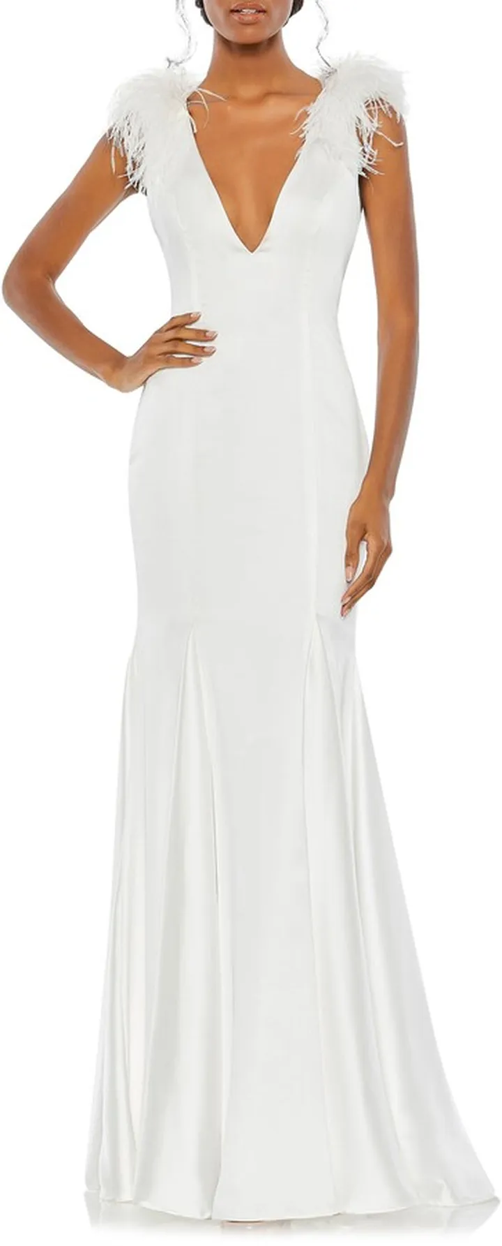 Feather Detail Satin Sheath Gown