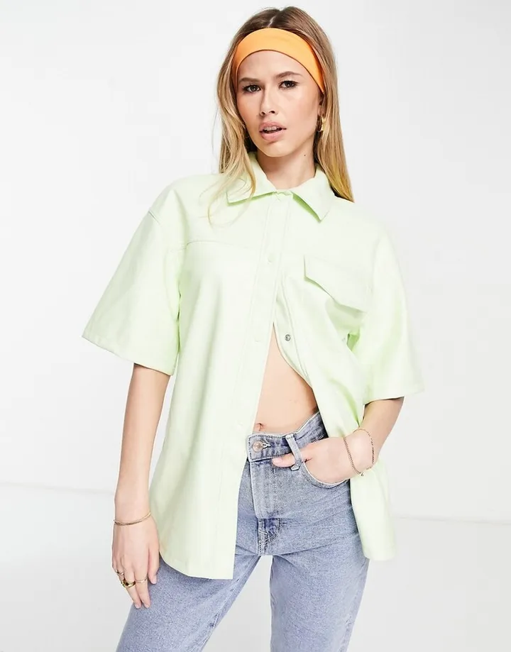 Topshop faux leather short sleeve shirt in lime