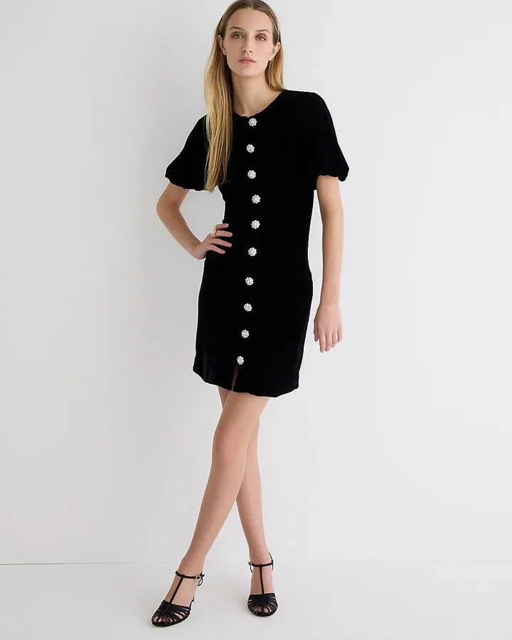 Velvet jeweled button-front mini dress