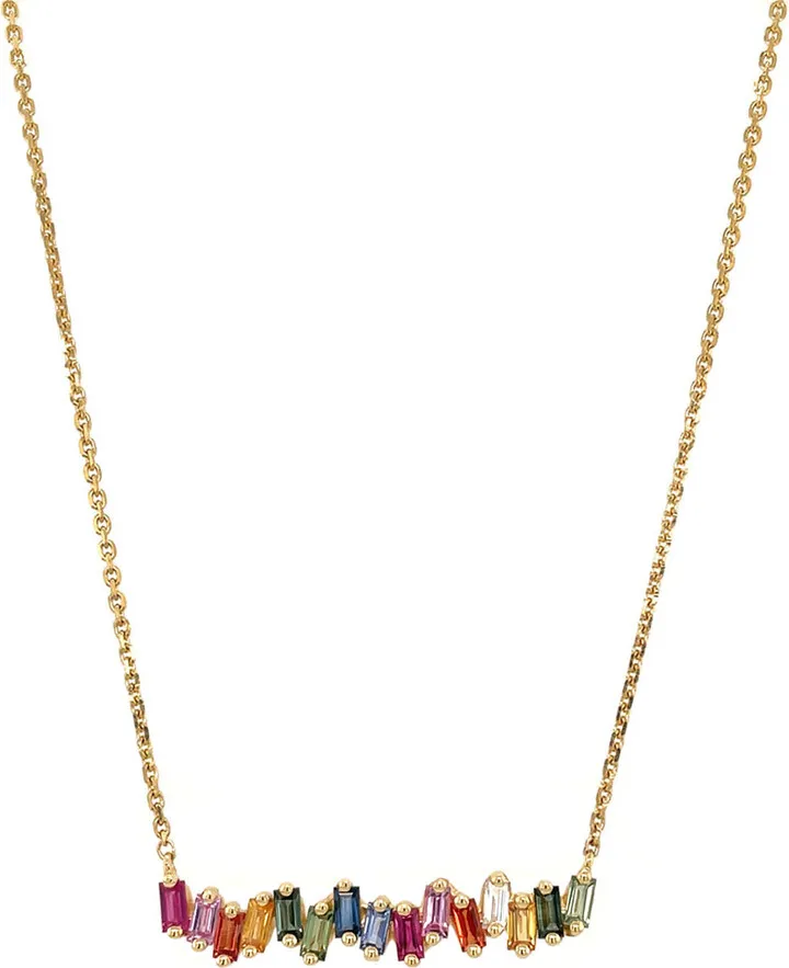 Rainbow Sapphire and Diamond Baguette Yellow Gold Bar Necklace