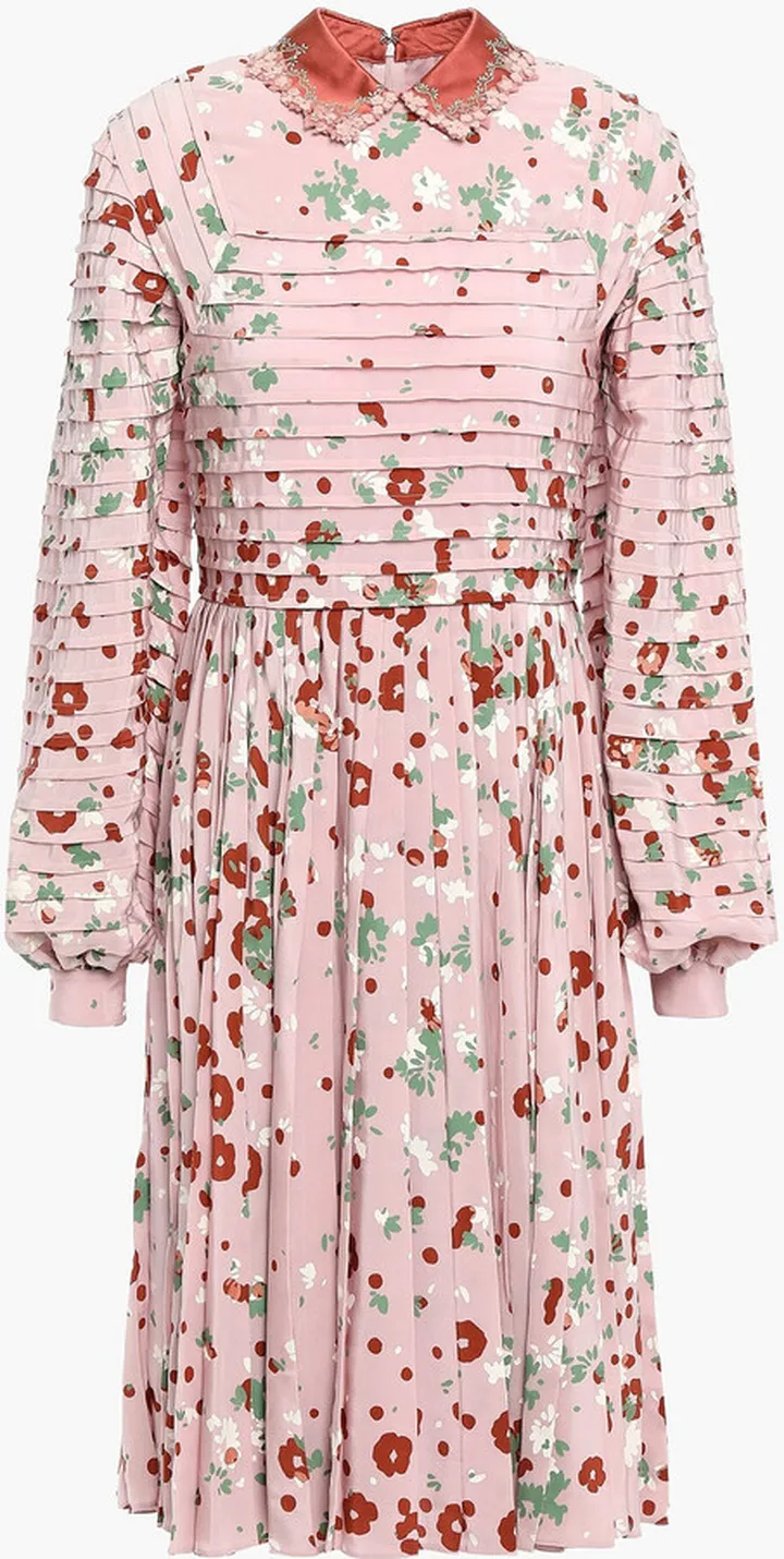 Pintucked floral-print silk crepe de chine dress