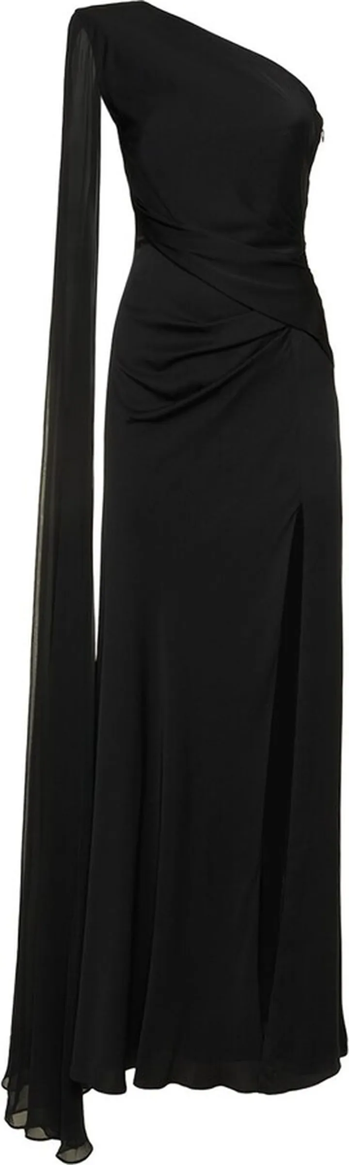 Asymmetric stretch silk crepe gown
