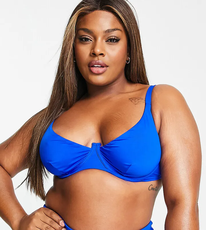 ASOS DESIGN Curve step front underwired bikini top in cobalt blue